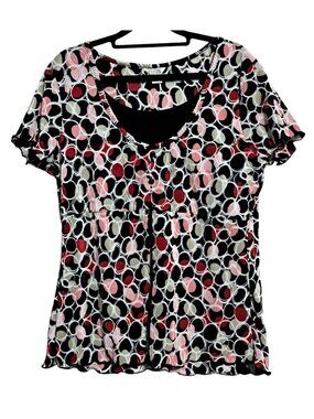 Y2K Christopher & Banks Womens Medium Circle Print Top Black Red Stretch Going O